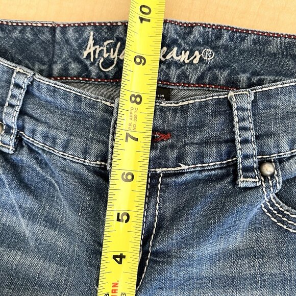 Ariya Jeans Womens Distressed Patch Studded Blue Jeans Size 7/8 Stretch Boot Cut - Picture 10 of 14
